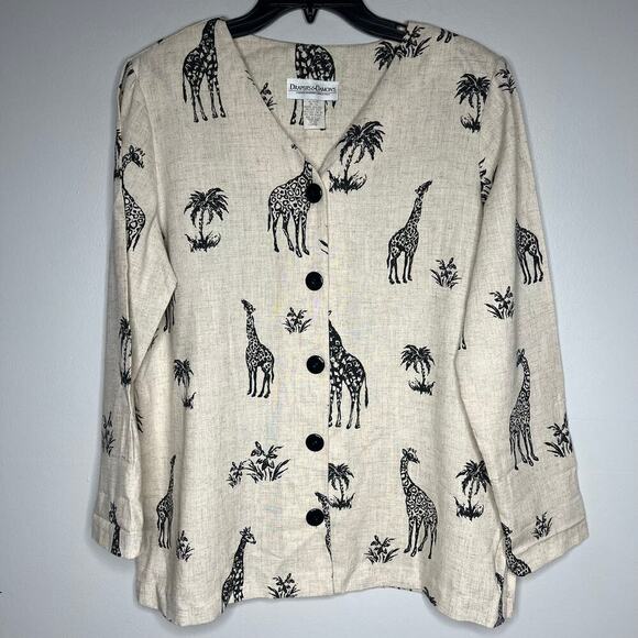 VTG Drapers & Damons Button Front Blouse Giraffe Blazer Top  Shoulder Pads Sz L - Picture 1 of 8